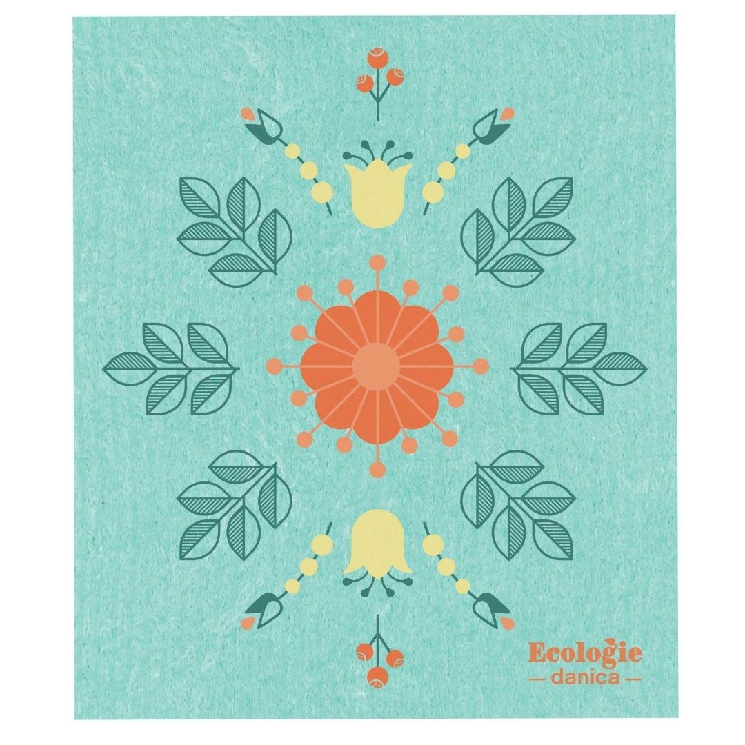 Ecologie Swedish Dish Cloth with teal background and geometric print