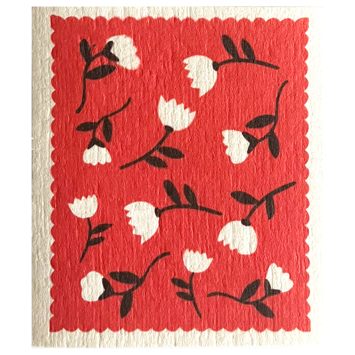 White swedish cloth with a red background and white and black flowers