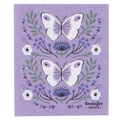 butterfly themed swedish dish cloth with a purple background