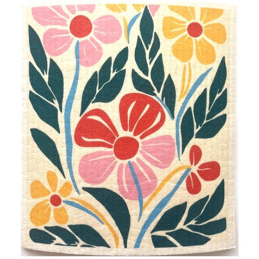 bright abstract flower design on a reuseable swedish dish towel